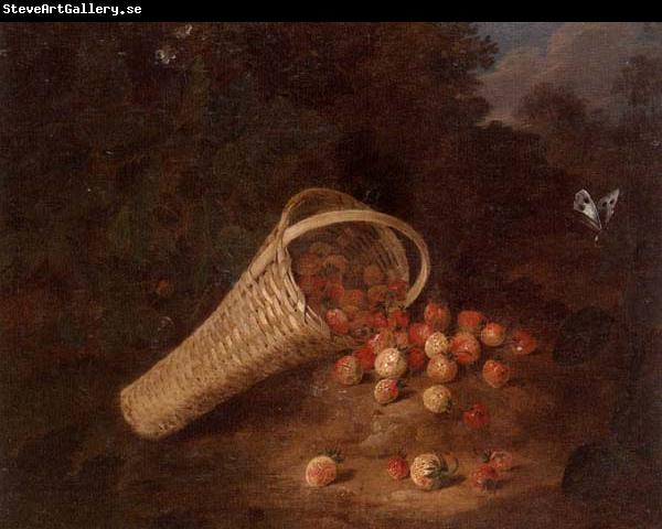 unknow artist A wooded landscape with sirawberries spilling from an overturned basket